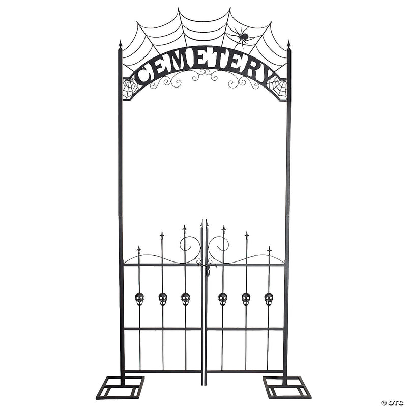 An 85-foot cemetery archway gate, featuring intricate ironwork and gothic design