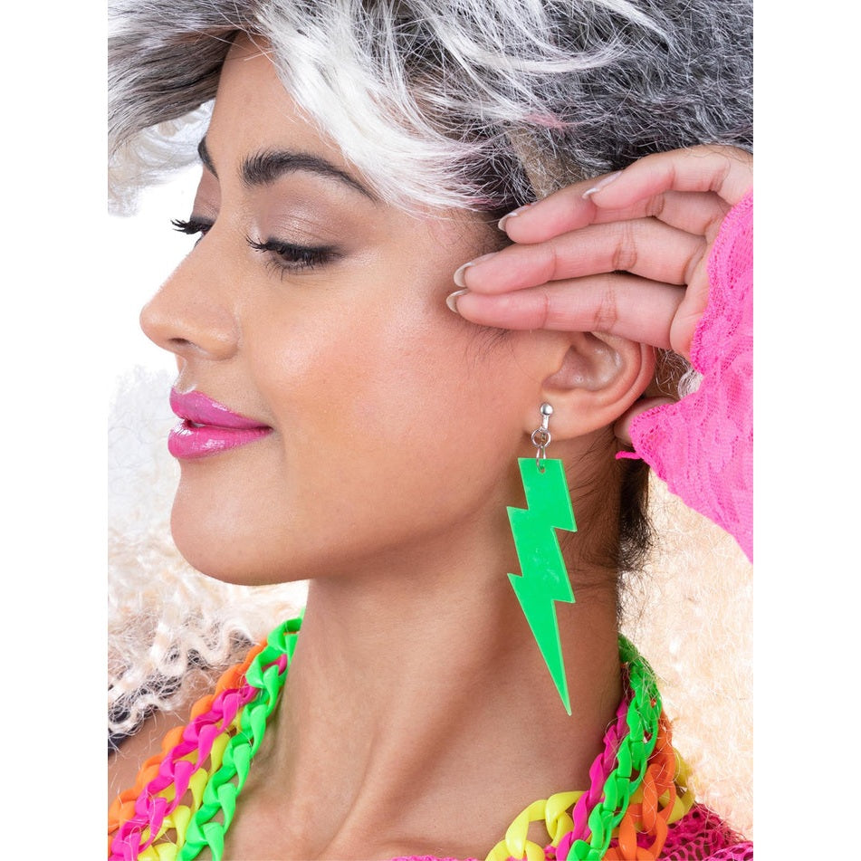 80s Neon Lightning Bolt Earrings, Green
