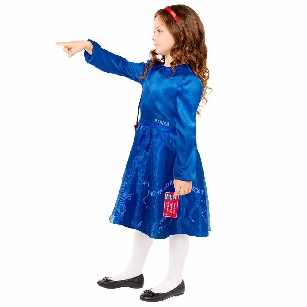 Adorable Matilda Child Costume with Blue Dress and Red Bow