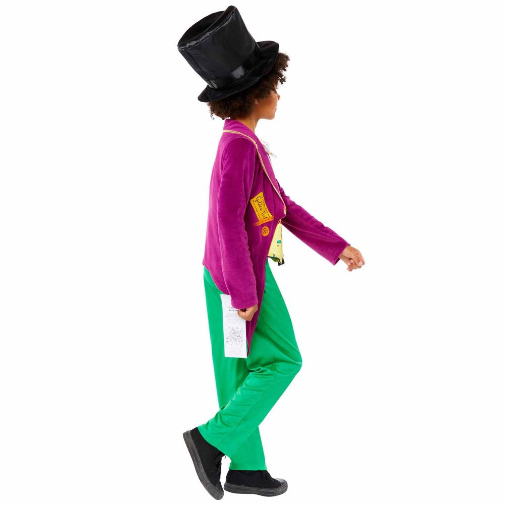 Boy wearing a Charlie and The Chocolate Factory Willy Wonka costume with purple velvet jacket, top hat, and cane for Halloween or dress-up party