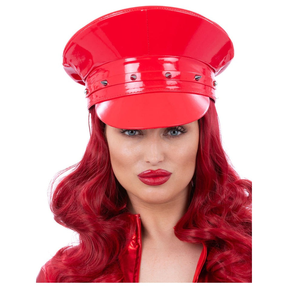 Deluxe Red Wetlook Studded Captains Hat