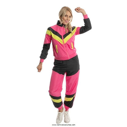 Colorful 80's Neon Shell Suit with Bright Pink and Green Patterns on Jacket and Pants