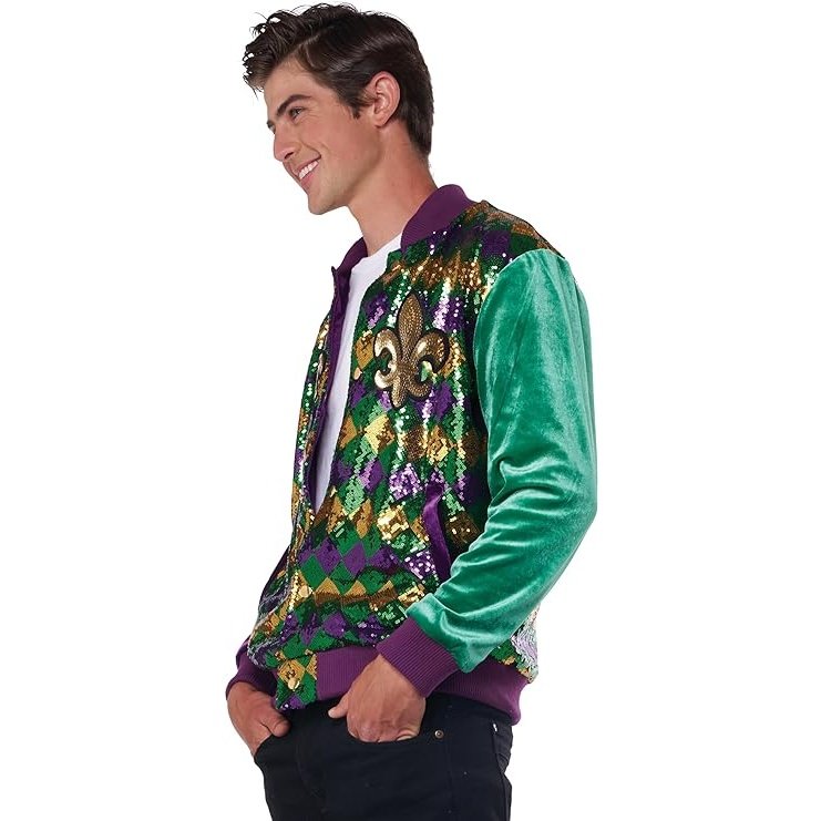 Fashionable and festive Mardi Gras Varsity adult Jacket with traditional Mardi Gras colors and classic design
