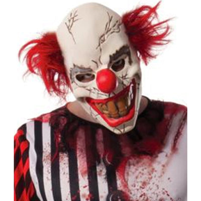 Creepy adult evil clown costume with red and black striped outfit and scary face mask
