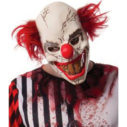 Creepy adult evil clown costume with red and black striped outfit and scary face mask
