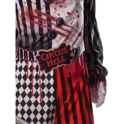 Adult size evil clown costume featuring a sinister smile and blood-stained clothes