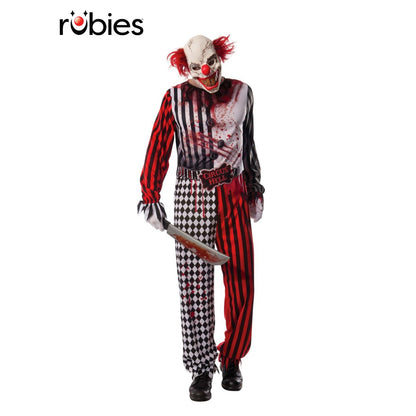Evil clown costume for adults with colorful polka dot jumpsuit and scary mask