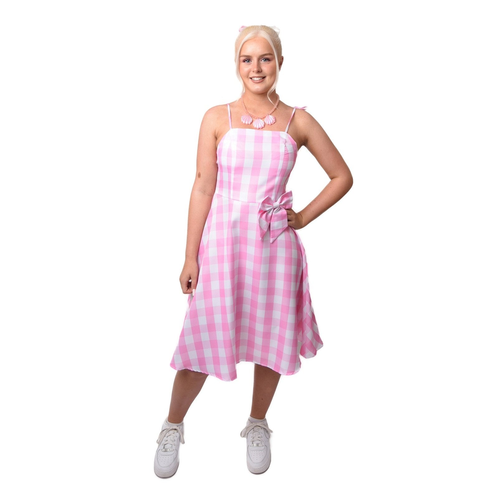 Beautiful pink fashion doll summer women dress with floral pattern and ruffled hem