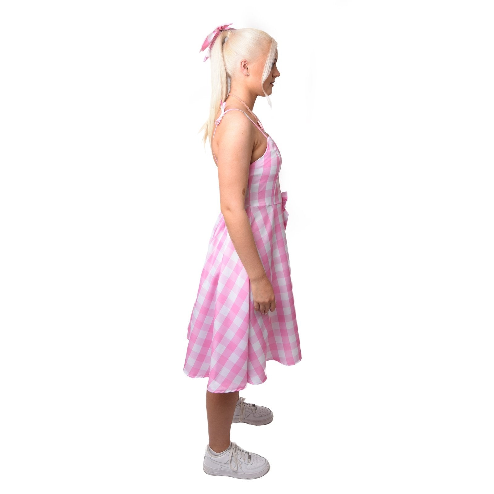 Beautiful pink fashion doll summer women dress with floral print and ruffle details