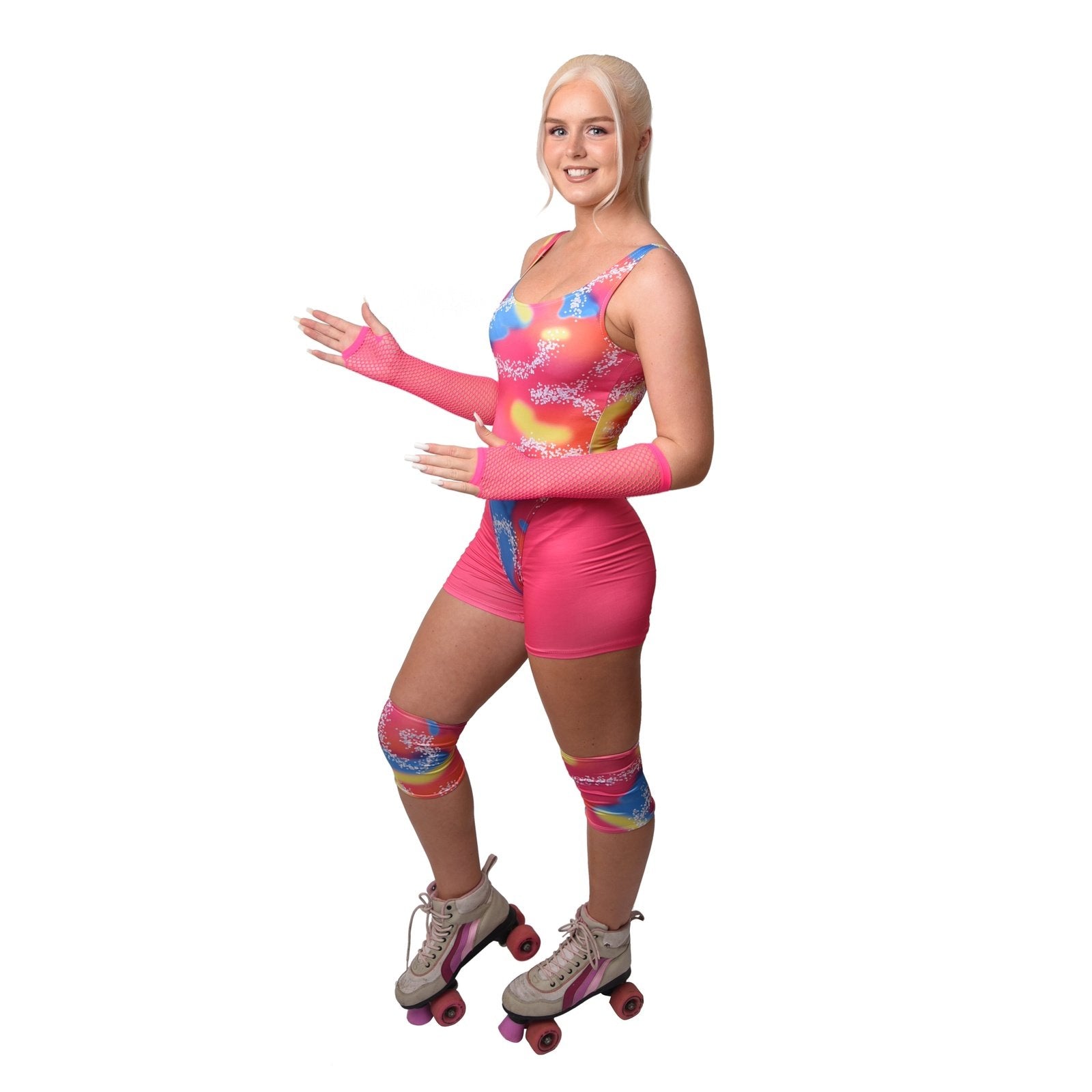 Woman wearing a fashion doll roller blades costume with pink and purple accents