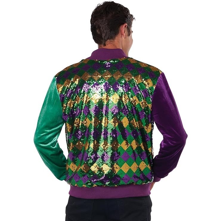 Warm and stylish Mardi Gras Varsity adult Jacket featuring intricate embroidery and comfortable fit