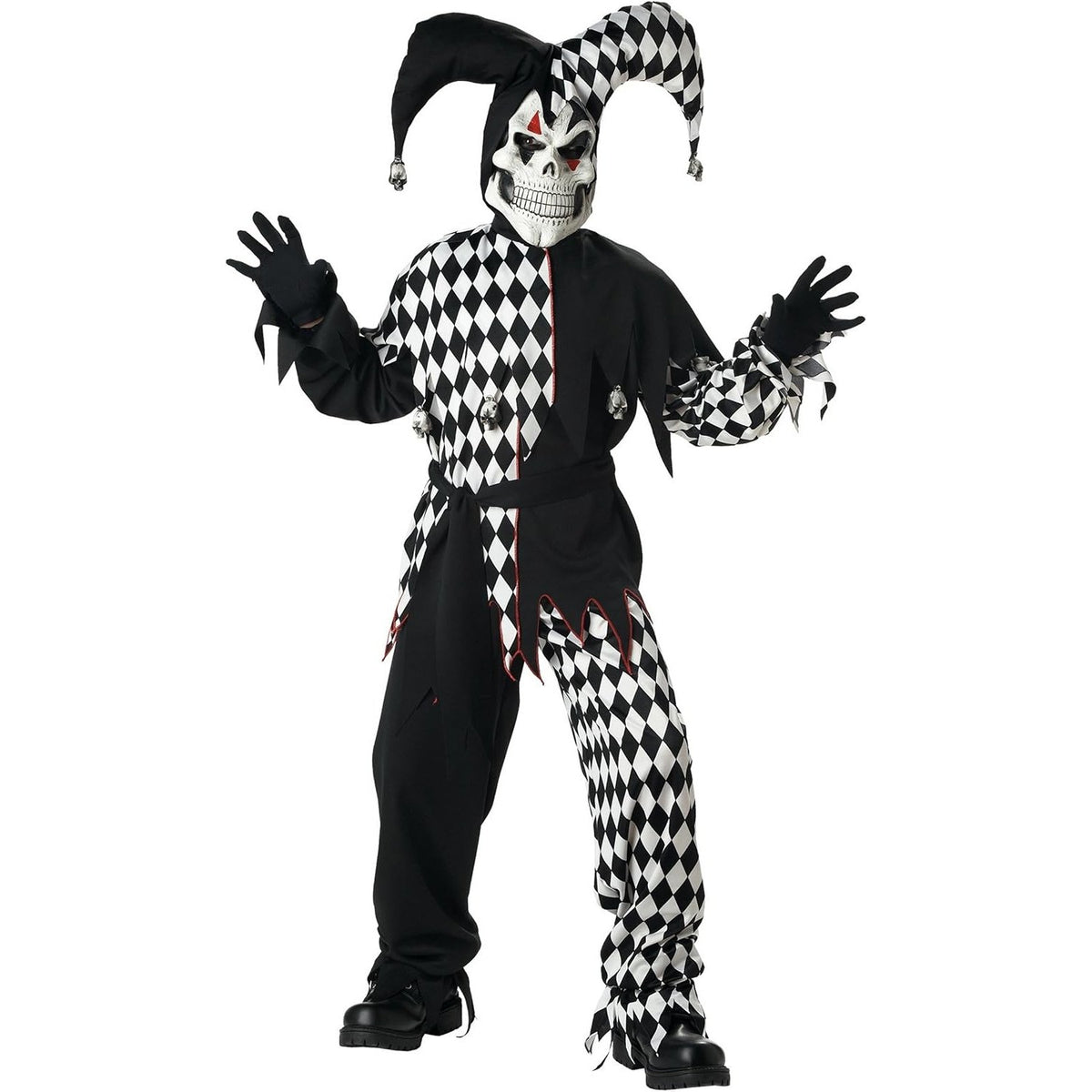 A child's Halloween jester costume featuring a black and white harlequin patterned jumpsuit, matching jester hat, black gloves, and a skull mask with red and white details, shown against a plain white background.