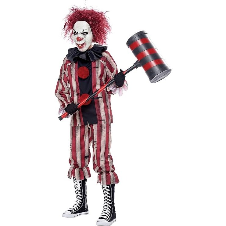 A creepy nightmare clown costume for children with a scary mask