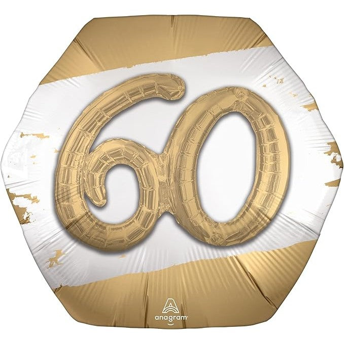 60th Birthday 3D Effect Jumbo Foil Balloon - Gold & White - 75cm