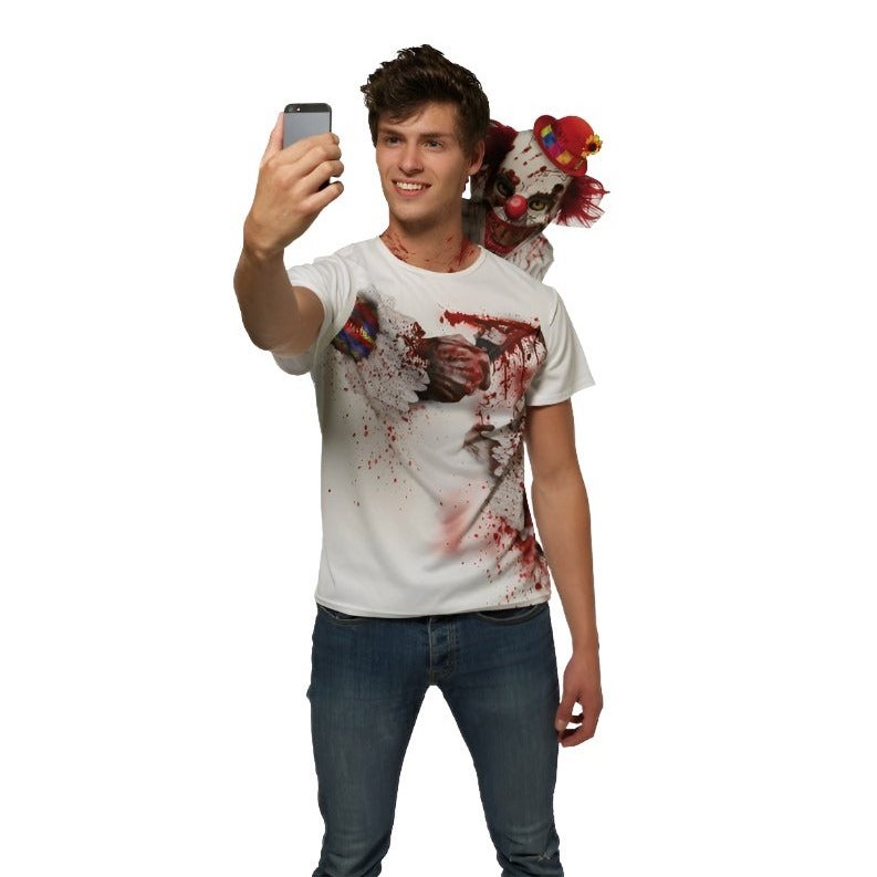 Product image of Clown Selfie Shocker Size Std in bright red and yellow colors, with a shocking facial expression