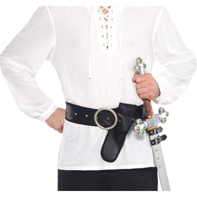 A high-quality leather sword belt with brass buckles and intricate detailing