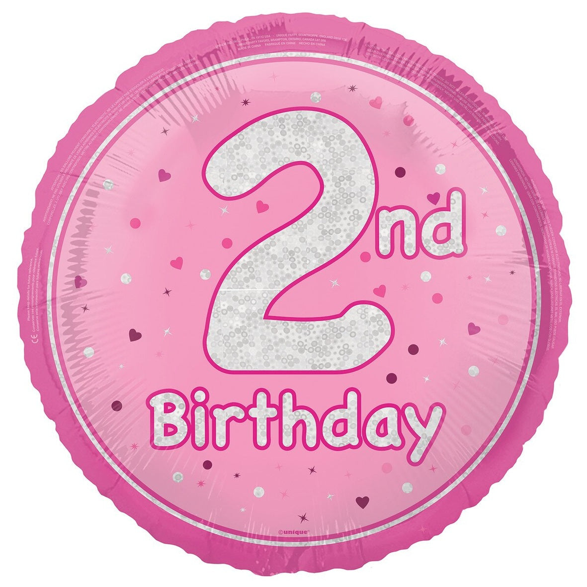 2nd Birthday Pink Holographic Glitter Round Foil Balloon - 45cm