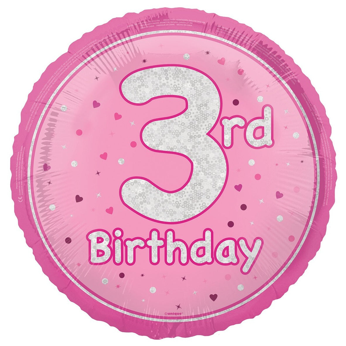 3rd Birthday Pink Holographic Glitter Round Foil Balloon - 45cm