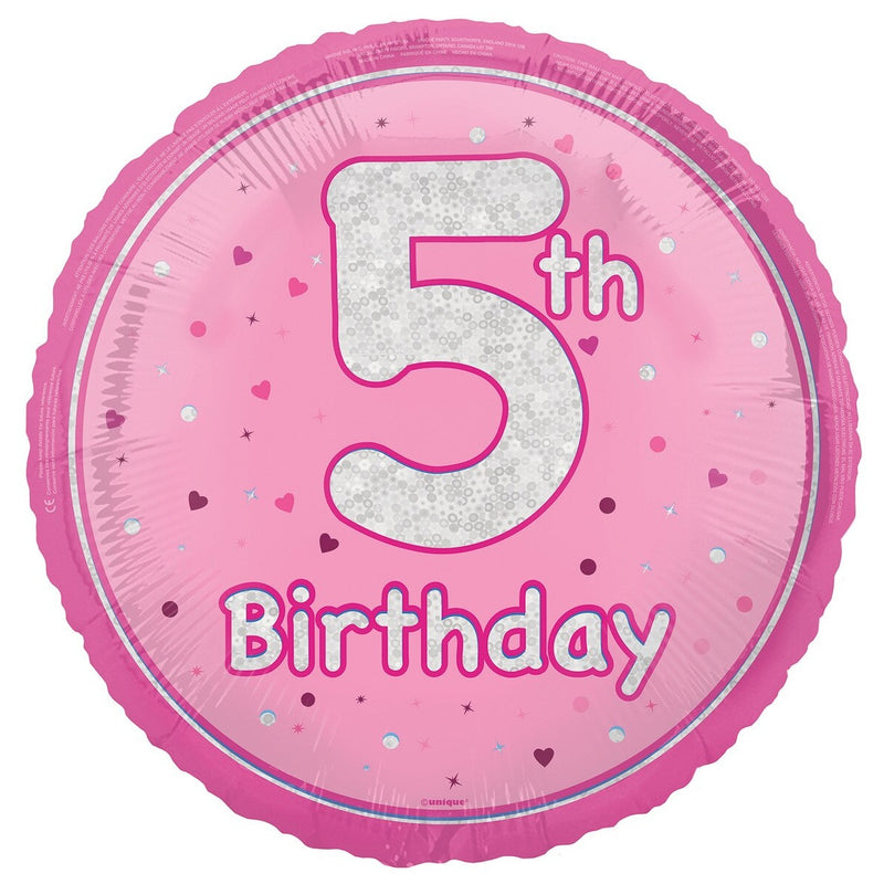 5th Birthday Pink Holographic Glitter Round Foil Balloon - 45cm