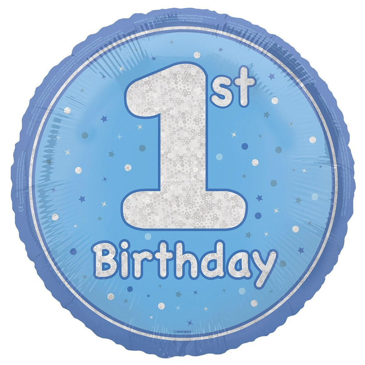 1st Birthday Blue Holographic Glitter Round Foil Balloon - 45cm