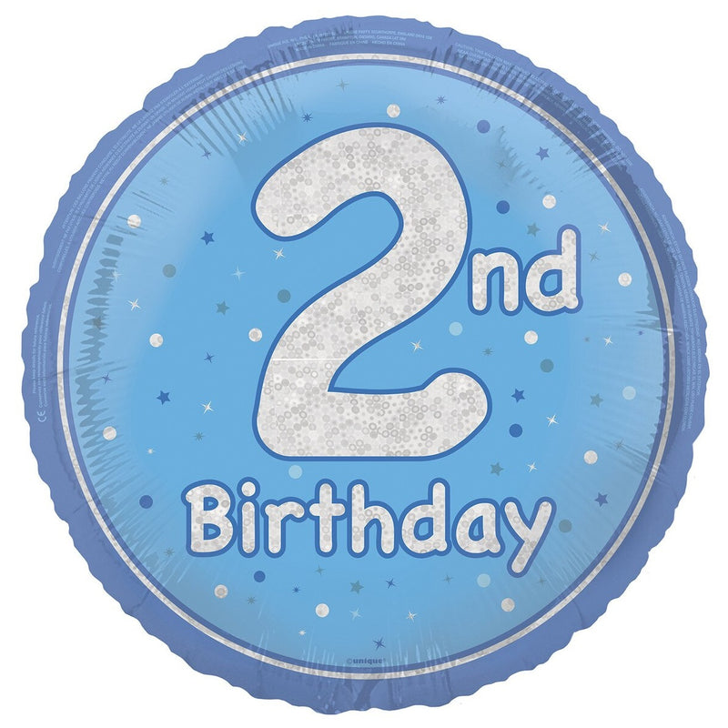 2nd Birthday Blue Holographic Glitter Round Foil Balloon - 45cm