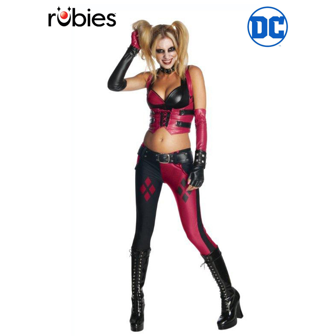 Harley Quinn Deluxe Costume in red and black with diamond patterns and iconic character details, perfect for Halloween or cosplay events