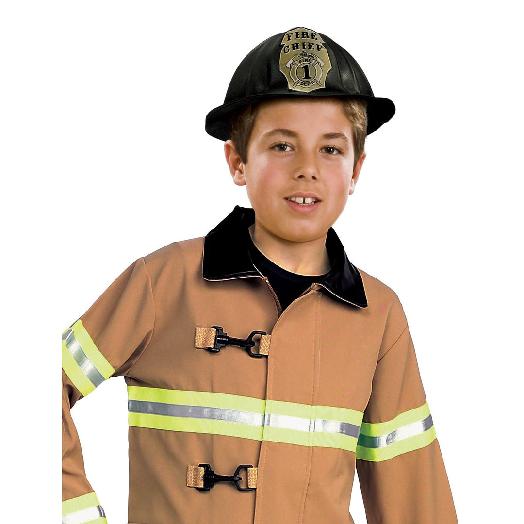  Young child wearing a realistic firefighter costume with hat and toy ax