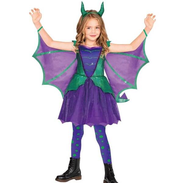 Adorable Mystical Dragon Girls Costume with Green and Purple Scales