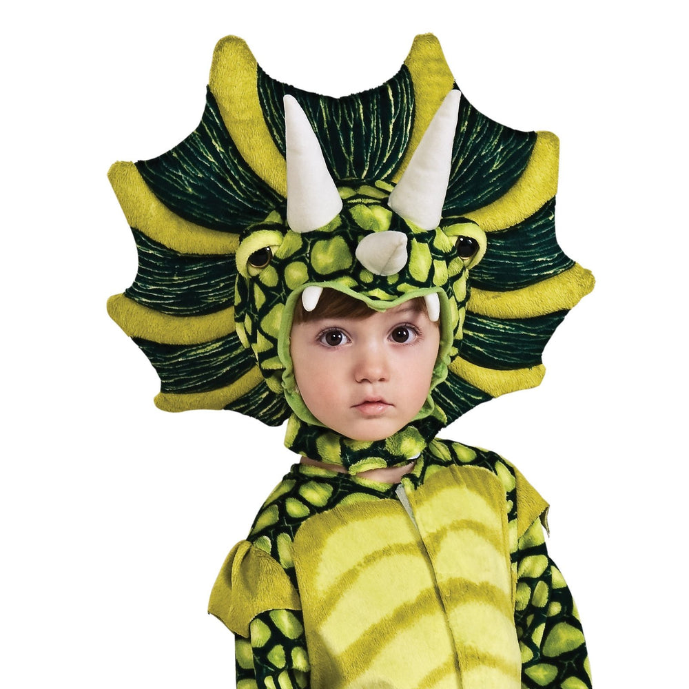 Triceratops Dinosaur Costume, Child, side angle view with three-horned headpiece