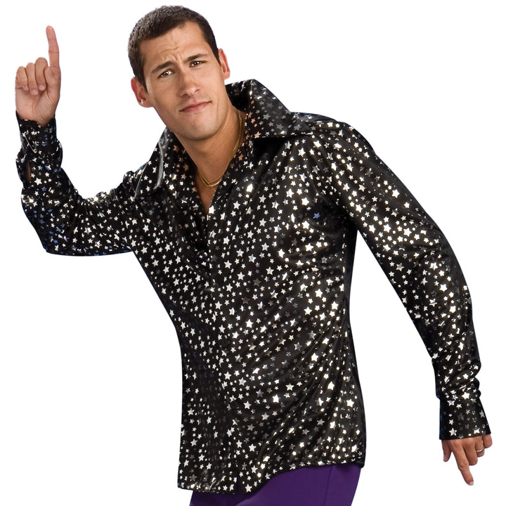 Disco shirt with black fabric and silver star pattern for adults
