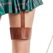 Two women wearing Swamp Ogre Women's Costume in standard and plus sizes, featuring a green and brown teddy with built-in green plaid mini skirt and white peasant blouse puff sleeves, brown faux-leather lace-front vest, brown belt, attached faux-leather thigh garters, brown wrist cuffs, green ogre ear headpiece, and an onion-shaped crossbody purse, shown front, side and back with gold platform heels
