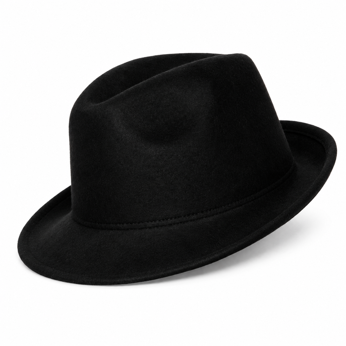 A classic black felt fedora hat with a pinched crown and a wide brim, photographed from a three-quarters angle on a clean white background.