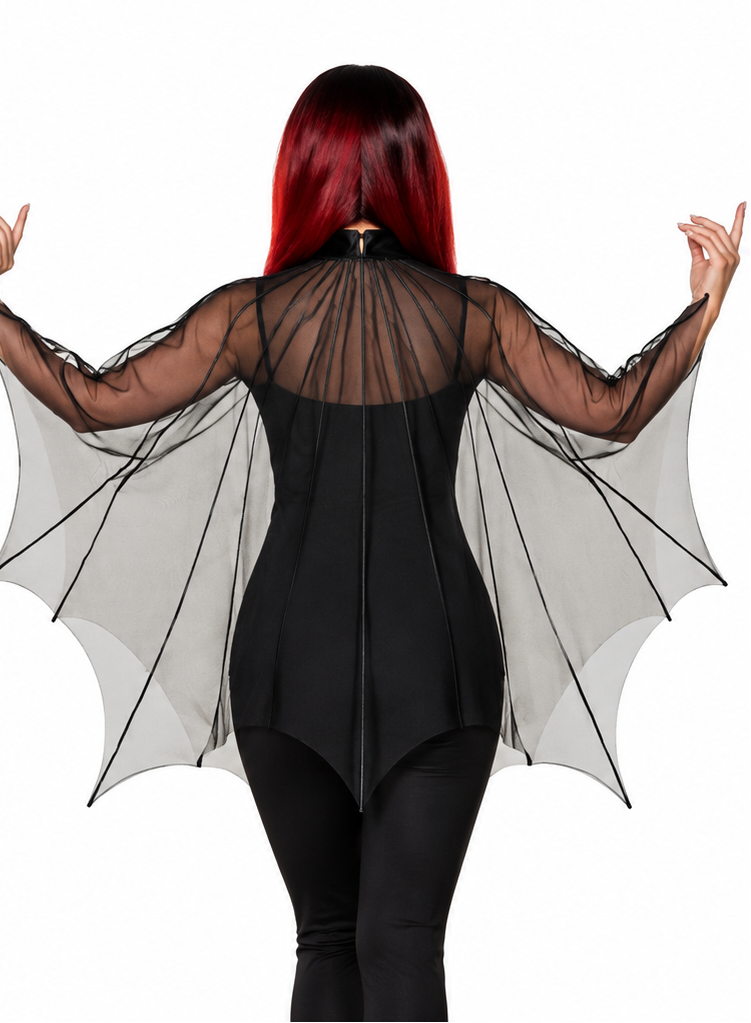 A model shown from the front and back wearing a black bodysuit with sheer black mesh bat wings. The model has long red hair and is posed against a solid white background.
