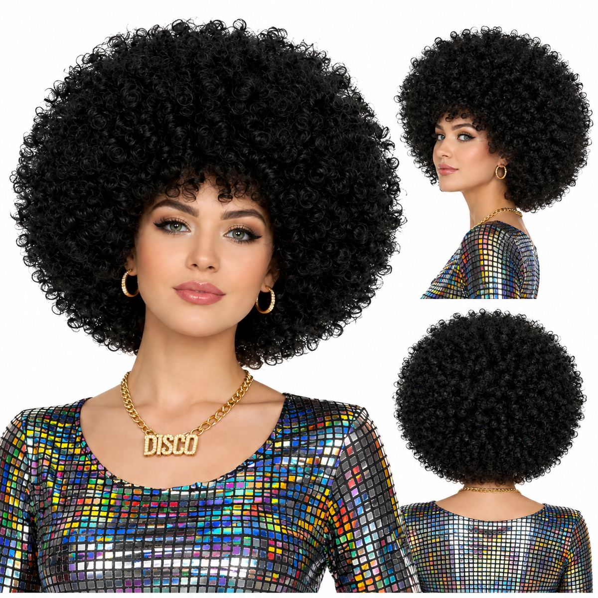A black curly wig with a voluminous afro shape, shown on a model from the front, side, and back. The model is wearing a colorful disco mirror-print top and gold jewelry.