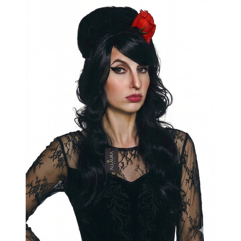 Black Beehive Wig with Red Rose – Amy Winehouse Style
