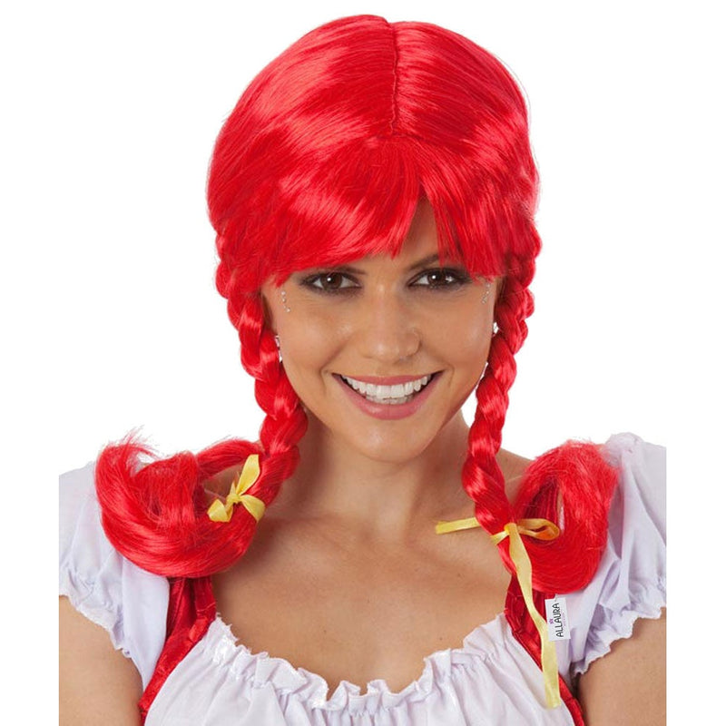 Red Double Braid Costume Wig – Rag Doll / Wendy's Style with Yellow Ribbons