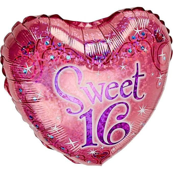 Sweet 16 Pink Holographic Heart Foil Balloon 36cm