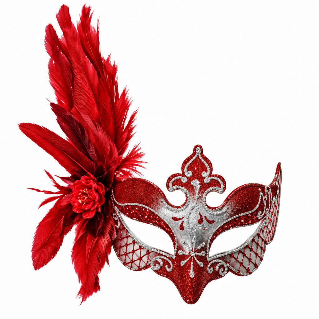 Red Silver Venetian Mask Feather Masquerade Mask