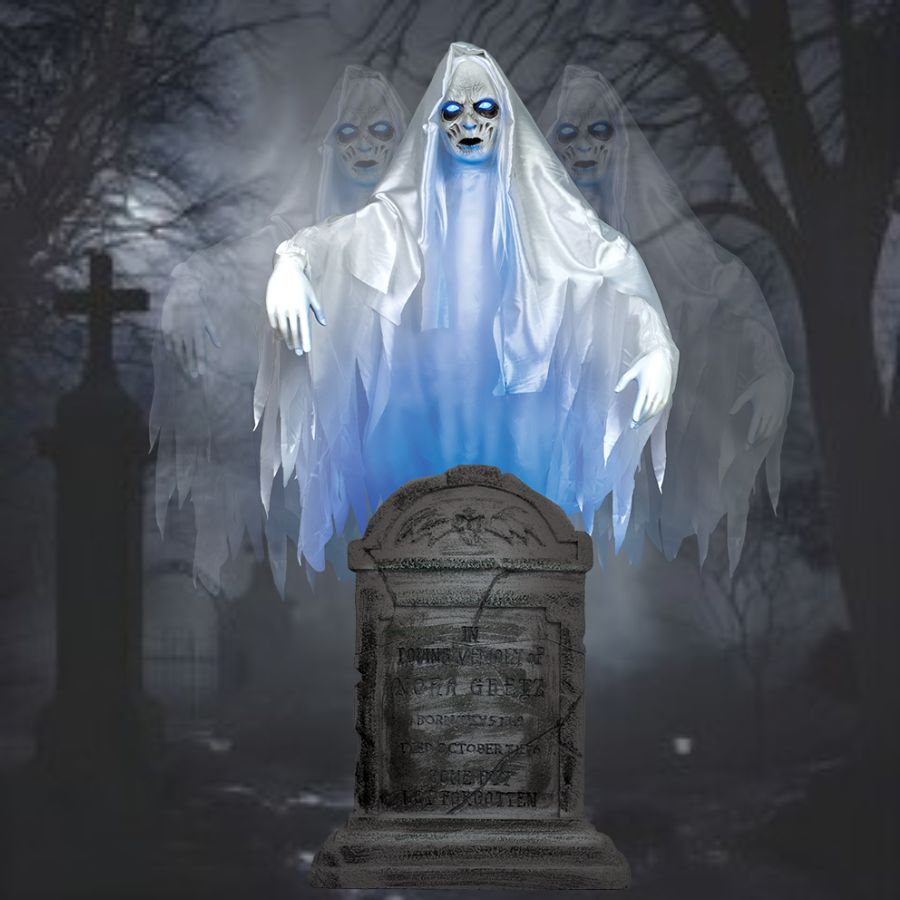 An eerie Halloween animated prop featuring a ghostly woman hovering over a tombstone