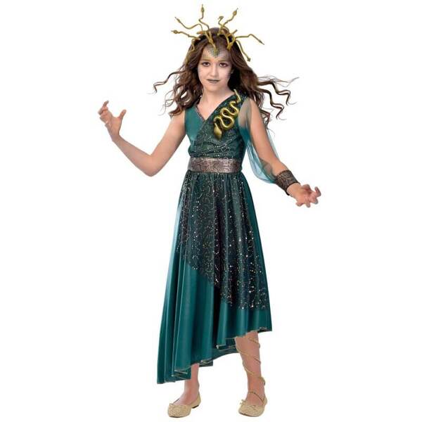 Beautiful and enchanting Medusa girls costume with green flowing dress and snake headband