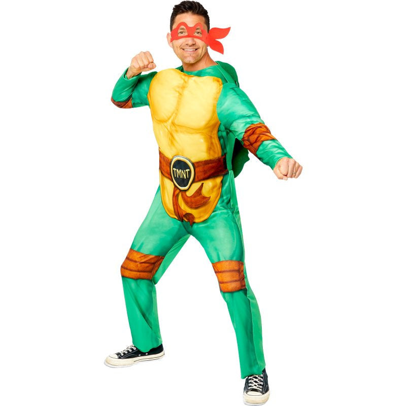 Teenage Mutant Ninja Turtles Adult Mens Costume with green jumpsuit, shell, and mask for Halloween