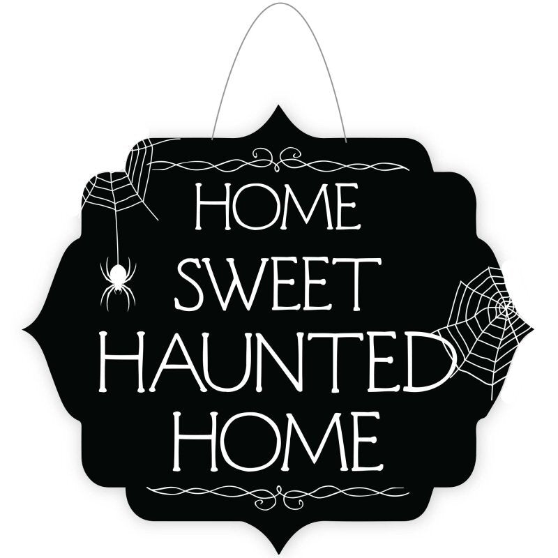 Spooky black and orange Halloween hanging decoration with 'Home Sweet Haunted Home' text