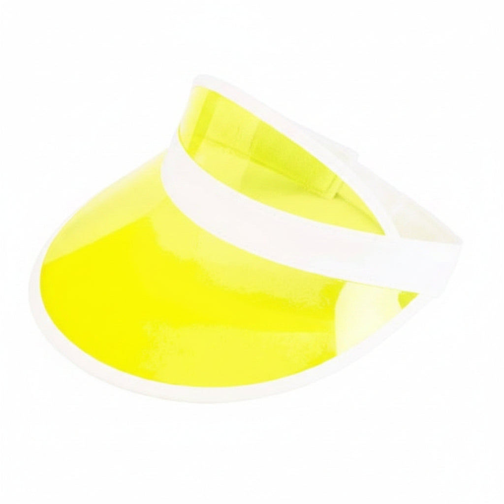 A bright yellow visor hat with a white band and a small black brand tag attached, shown on a plain white background.