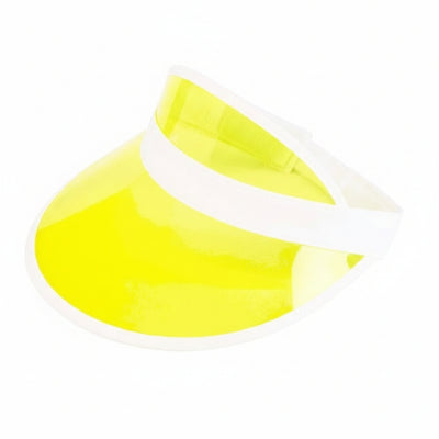 A bright yellow visor hat with a white band and a small black brand tag attached, shown on a plain white background.