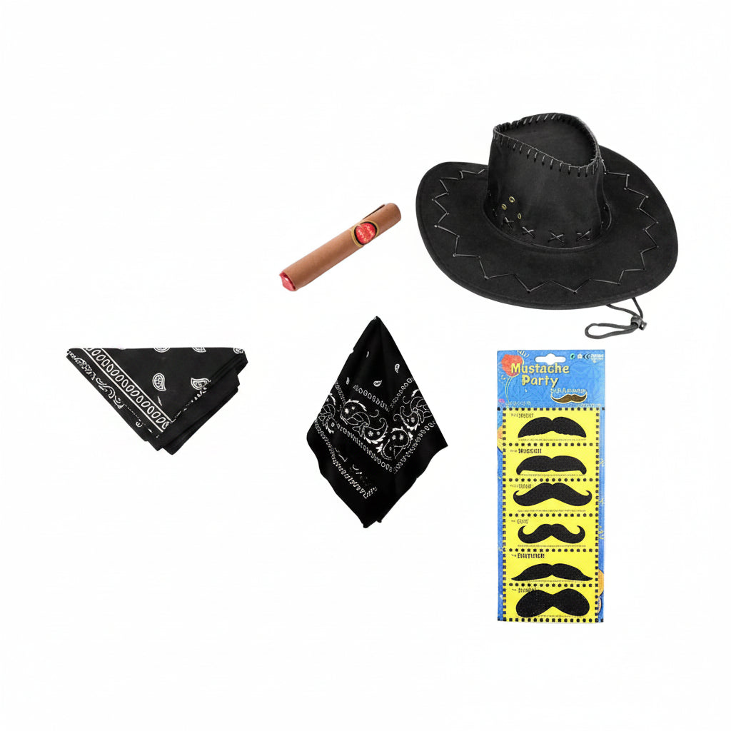 A 9-piece 'Dress Me Up' cowboy set displayed on a white background, including a black cowboy hat, a black bandana, a cigar, and 6 black moustaches, with packaging and an 'Includes' list shown.