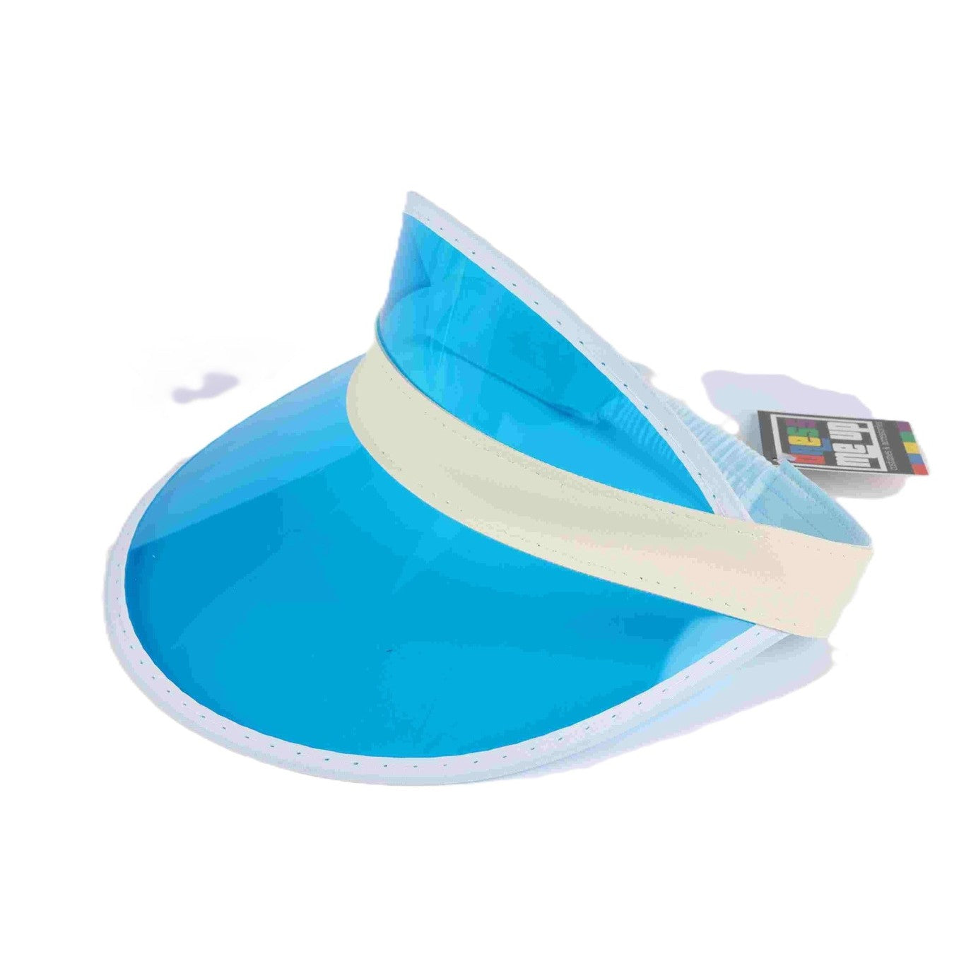Translucent blue sun visor with cream elasticated headband, perfect for retro, 80s tennis, or beach costume accessories