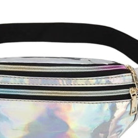 Holographic silver bum bag with dual zip compartments and adjustable black waist strap, ideal for festivals, costumes, and fancy dress events