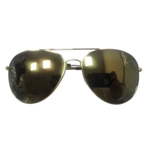 Gold aviator-style costume sunglasses with dark mirror lenses and gold metal frames, ideal for police or pilot fancy dress costumes