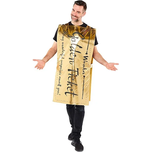 Shiny golden ticket adult costume with black bow tie and hat