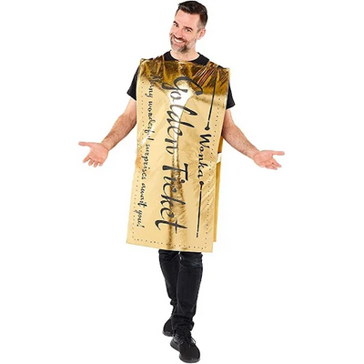 Shiny golden ticket adult costume with black bow tie and hat